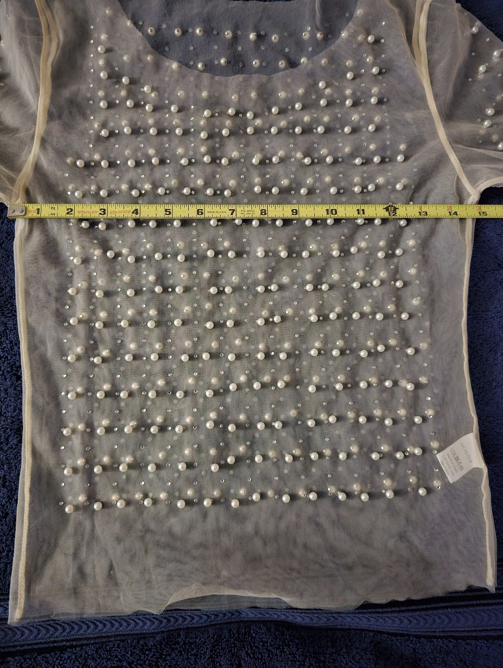 Sheer Pearl-Embellished Mesh Top